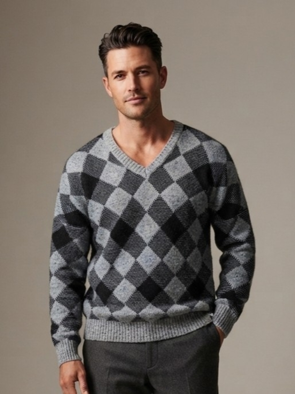 Sears The Men's Store Vinrage Black and Grey Argyle V-Neck Sweater Size Large